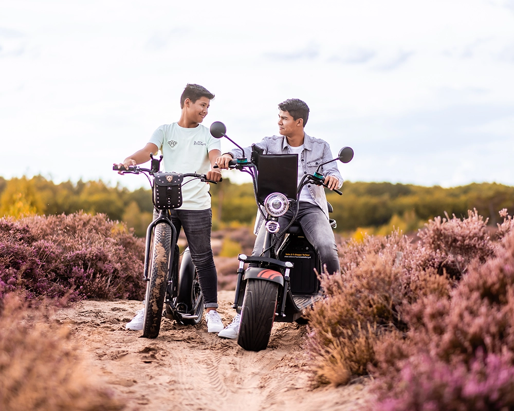 Twee jongens rijden op brede elektrische steps door een zandpad tussen bloeiende paarse heide, terwijl ze elkaar lachend aankijken.