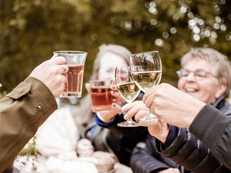 Groep mensen heft lachend hun glazen wijn en thee in een vrolijke toast tijdens een gezellig samenzijn in de buitenlucht.