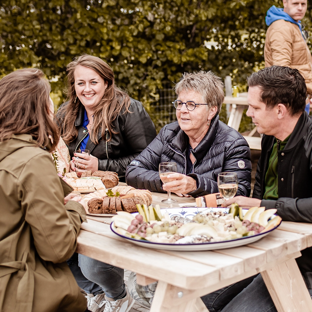 Groep volwassenen zit aan een houten picknicktafel, genietend van wijn en een rijk gevulde schaal met hapjes zoals brood, kaas, fruit en noten, terwijl ze gezellig met elkaar praten.