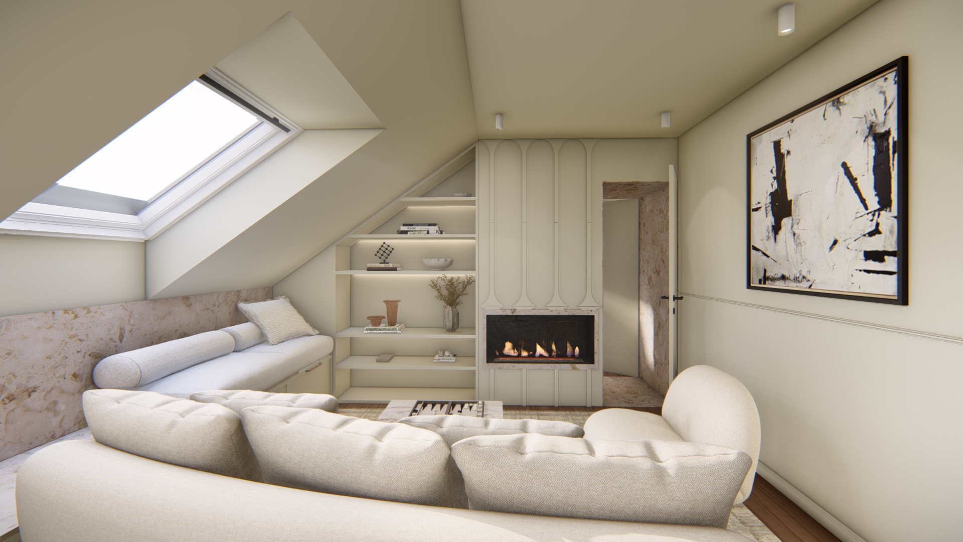 Salon lumineux avec bibliothèque en bois clair – projet Maison Oïka à Luxembourg