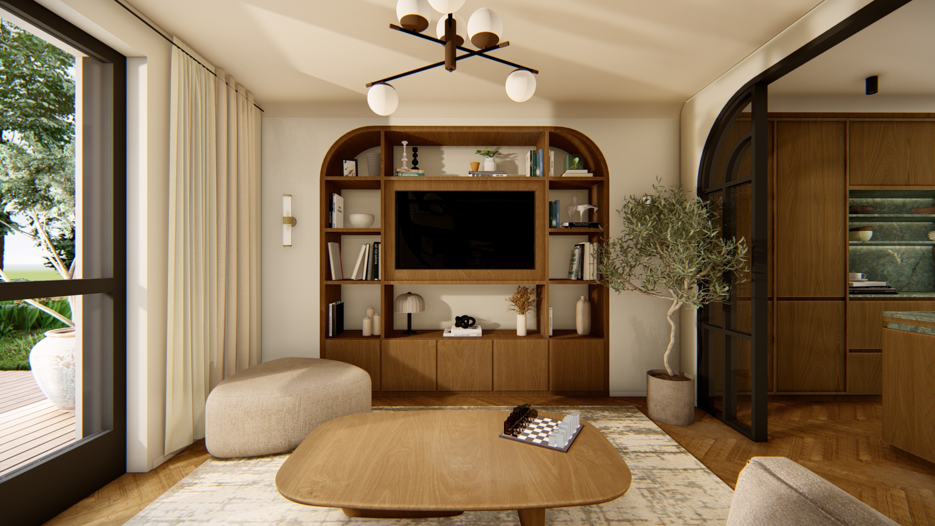 Salon lumineux avec bibliothèque en bois clair – projet Maison Oïka à Luxembourg