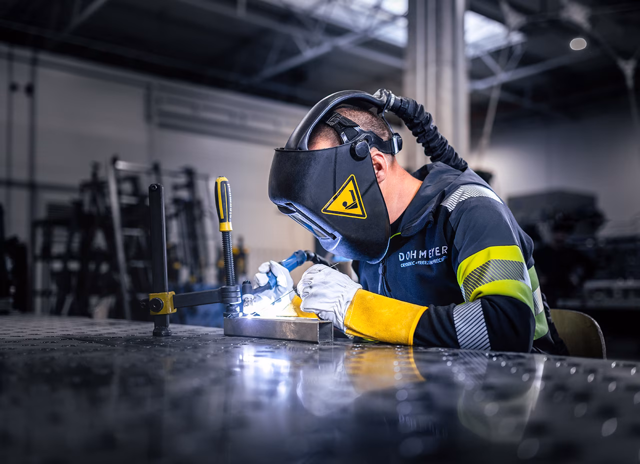 Dohmeyer welder working in the workshop, wearing protective equipment