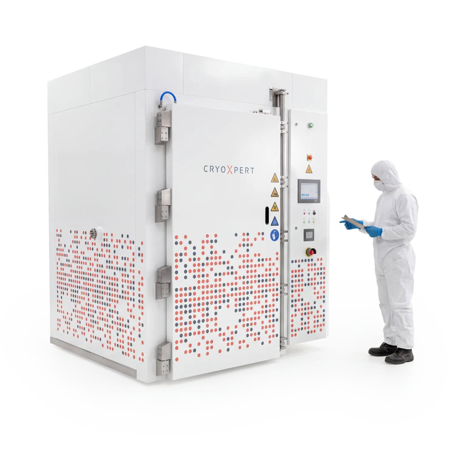 Pharma operator standing in front of CryoXper Pharma Blast Freezer