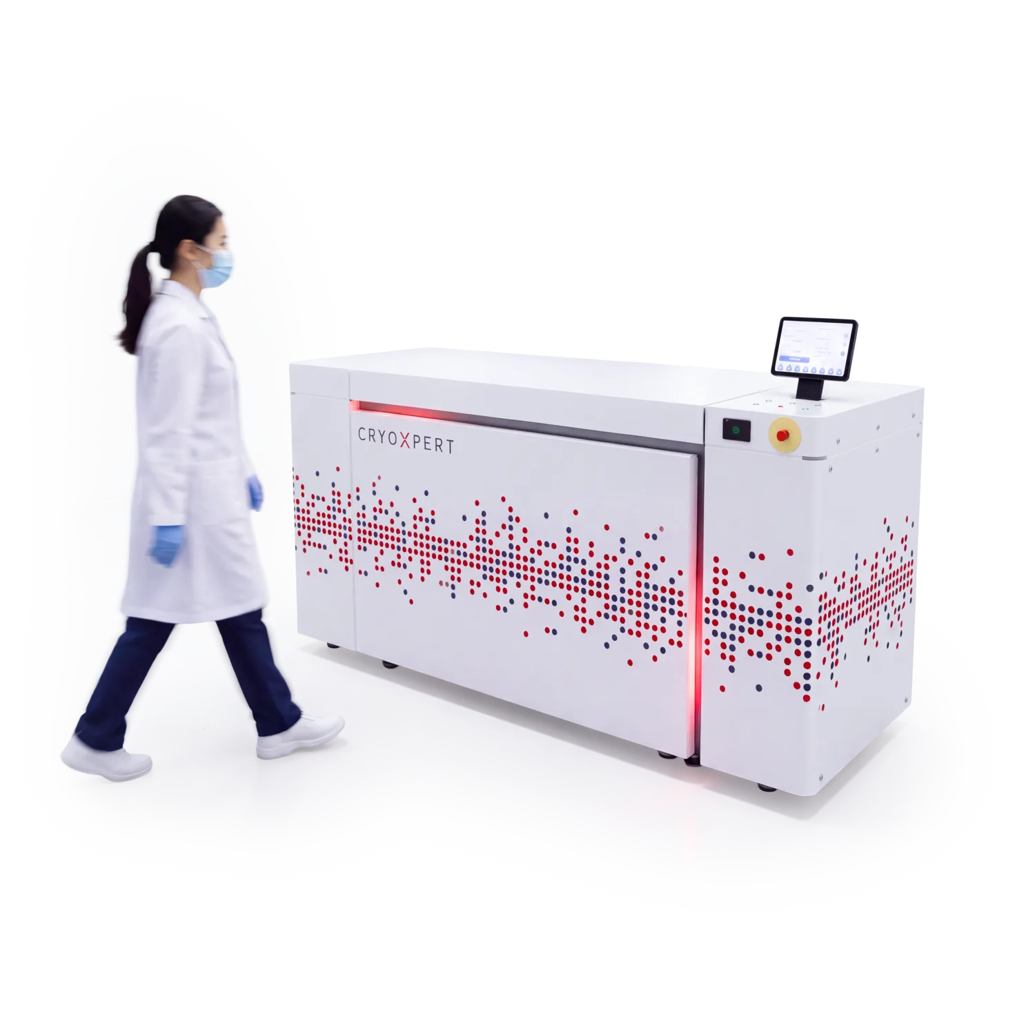 Pharma worker standing in front of CryoXpert Cryogenic Controlled Rate Chest Freezer