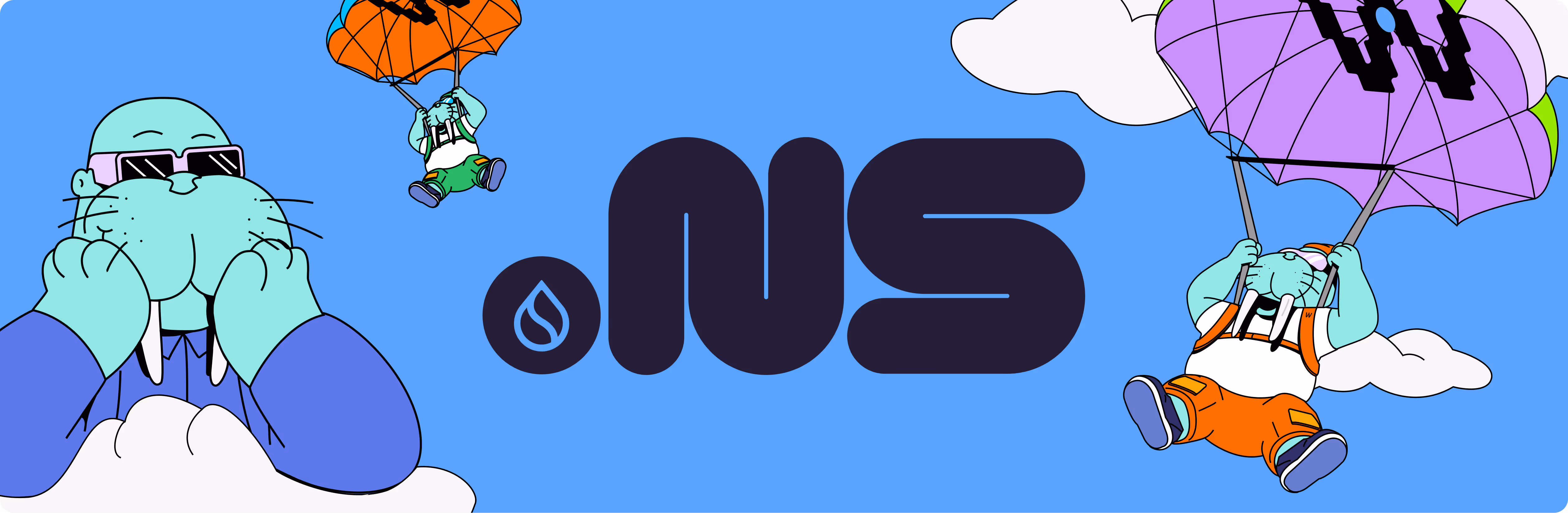 Cartoon walrus with sunglasses on a cloud next to large black 'SUI' text, with two smaller walruses parachuting down with orange and purple parachutes against a blue sky with clouds.