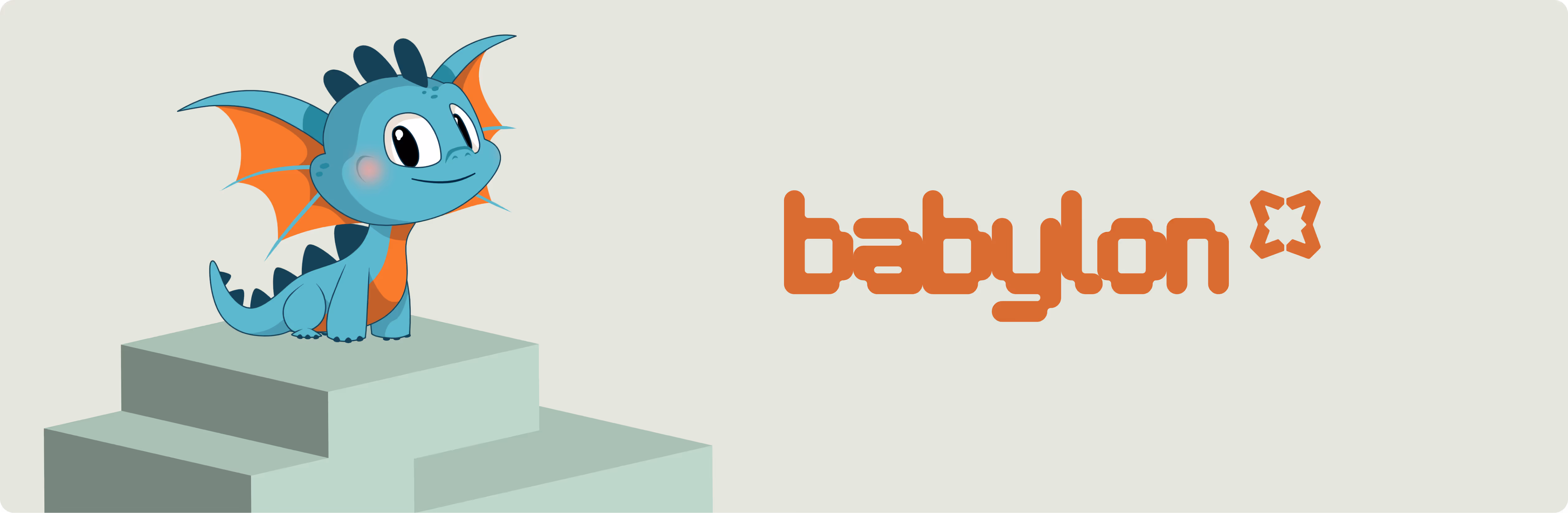 Cartoon blue and orange dragon standing on a three-tiered platform next to the word 'babylon' in stylized orange text with a star icon.