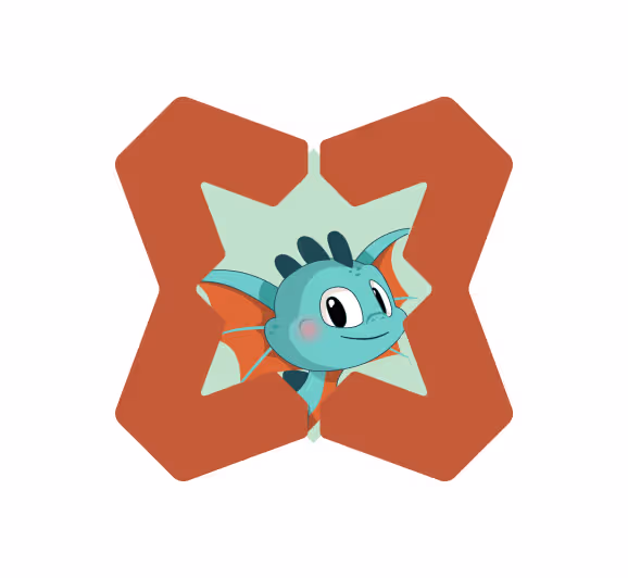 Blue cartoon dragon with big eyes and orange fins inside an orange angular frame with a star-shaped cutout.