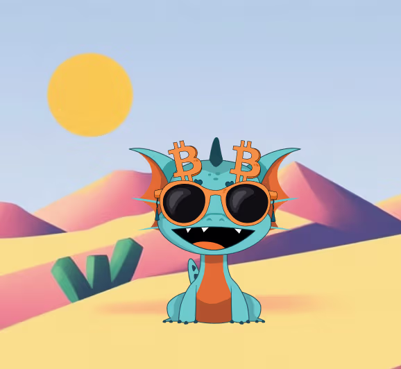 Cartoon blue and orange dragon wearing orange sunglasses with Bitcoin symbols in a sunny desert landscape.
