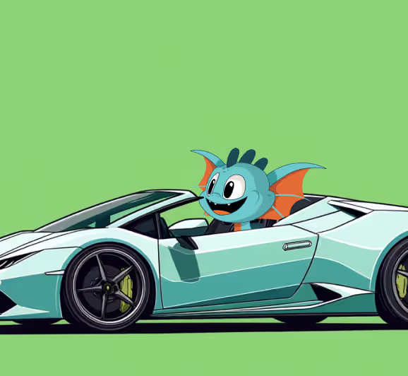 Cartoon blue dragon with orange wings driving a white sports car against a green background.