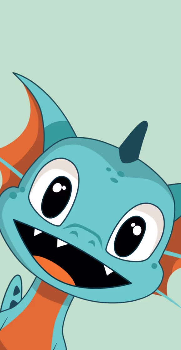 Happy cartoon blue dragon with big eyes, orange wings, and a small horn on its head.