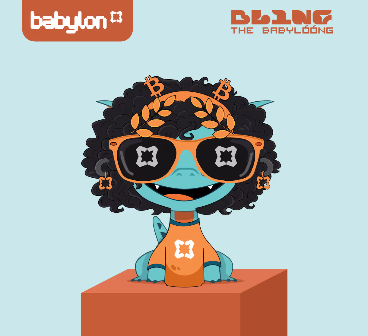 Cartoon blue dragon with curly black hair, wearing orange sunglasses, headband with Bitcoin symbols, star-shaped earrings, and an orange shirt with a white symbol.