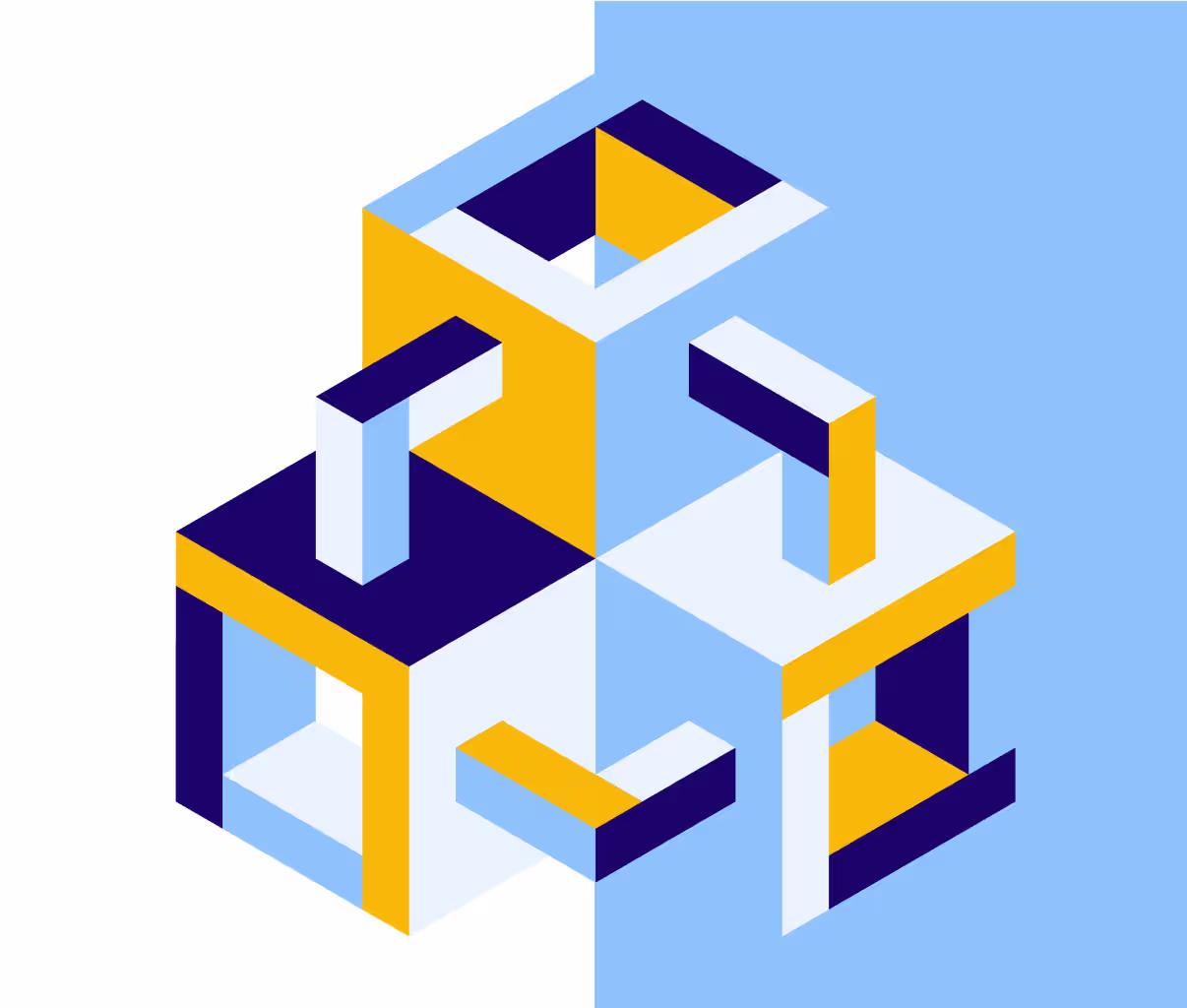 Abstract isometric geometric structure with interconnected cubes and rectangular prisms in blue, yellow, white, and dark blue colors.