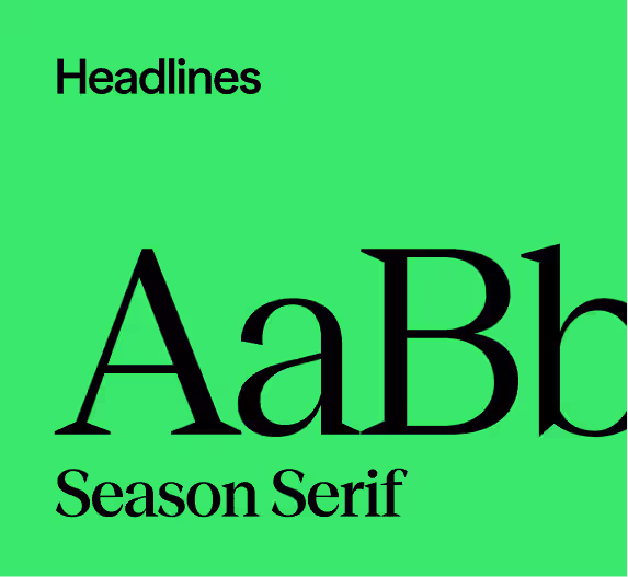 Green background with black text showing a serif font named 'Season Serif' with sample letters 'AaBb' labeled as Headlines.