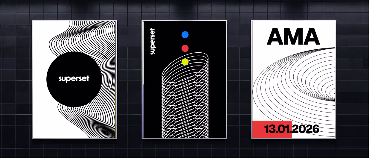Three minimalist posters on a black tiled wall; left poster with black circle and 'superset' text, center poster with abstract white line art and colored dots, right poster with 'AMA' text and date 13.01.2026 in red and black.