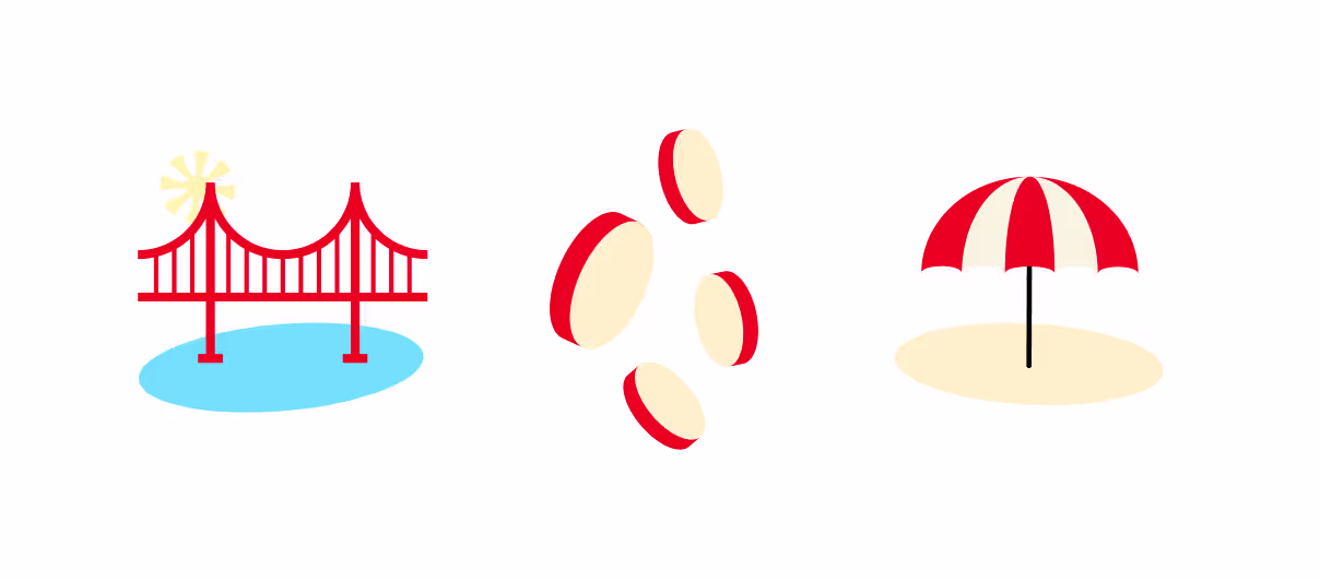 Illustration of a red suspension bridge over blue water with sun, red and white coins, and a red and white beach umbrella on sand.