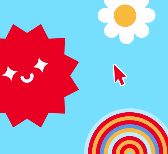 Bright blue background with a red smiling starburst shape, a white daisy with a yellow center, and a multicolored circular target design.