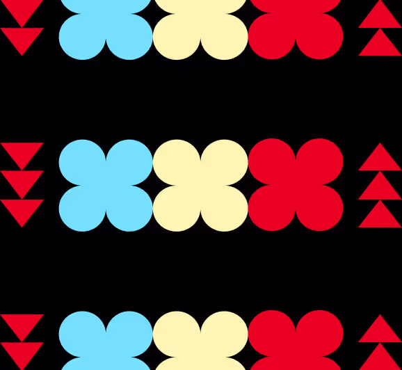 Abstract pattern featuring rows of blue, cream, and red clover-like shapes with red triangles pointing up and down on a black background.