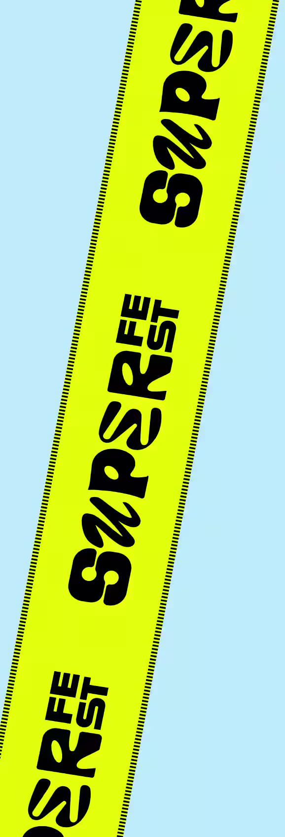 Vertical yellow banner with black text repeating the words 'SUPERFEST' on a light blue background.