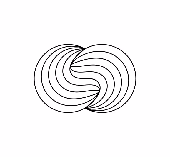 Abstract black and white geometric design featuring two interlocking circular shapes with curved lines.