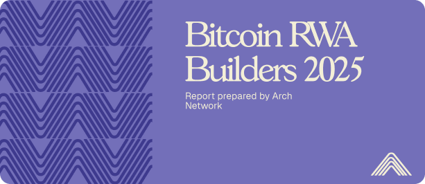 Title slide of Bitcoin RWA Builders 2025 report prepared by Arch Network on a purple background with a geometric pattern and logo.