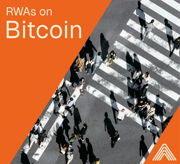 Overhead view of people crossing a street at a busy crosswalk with text 'RWAs on Bitcoin' on an orange background.