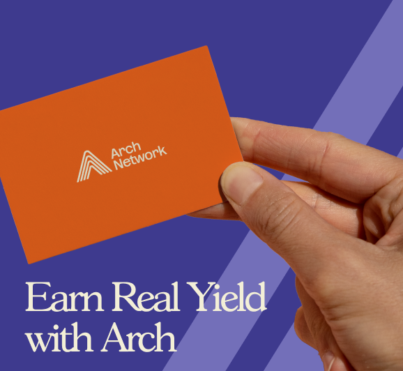 Hand holding an orange card with the Arch Network logo on a blue and purple background with text 'Earn Real Yield with Arch'.