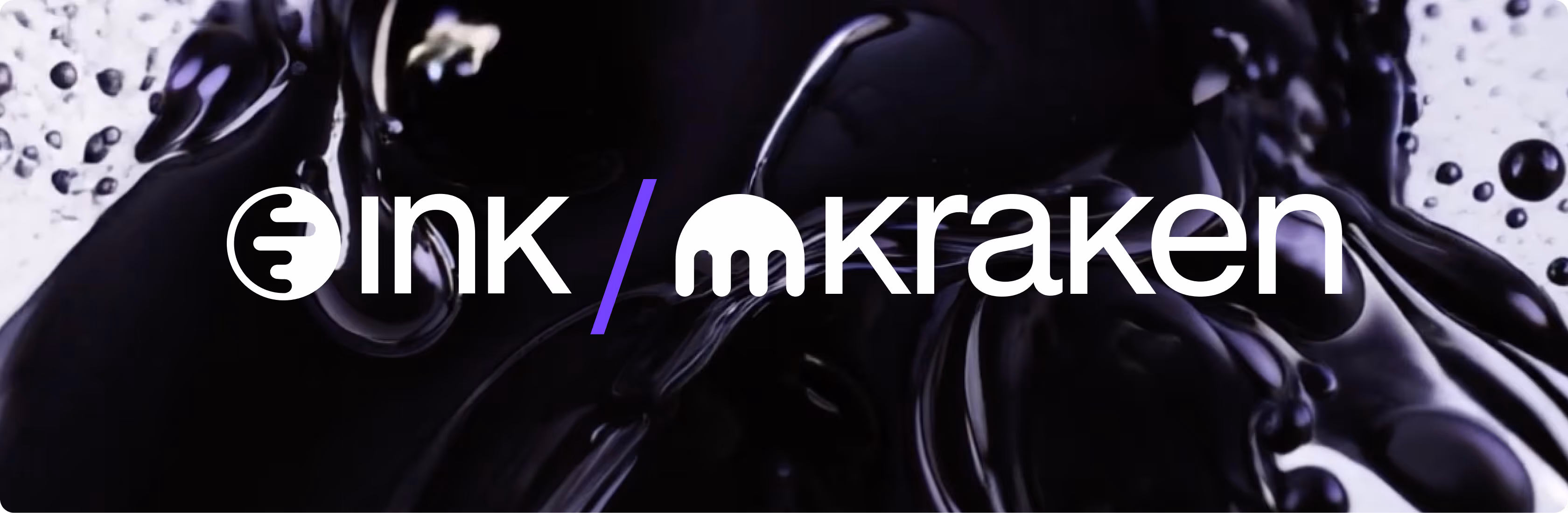 Ink and Kraken logos side by side on a dark, glossy liquid background.