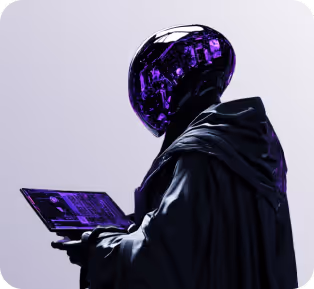 Futuristic figure in a black cloak with a reflective purple helmet holding a digital tablet displaying holographic data.