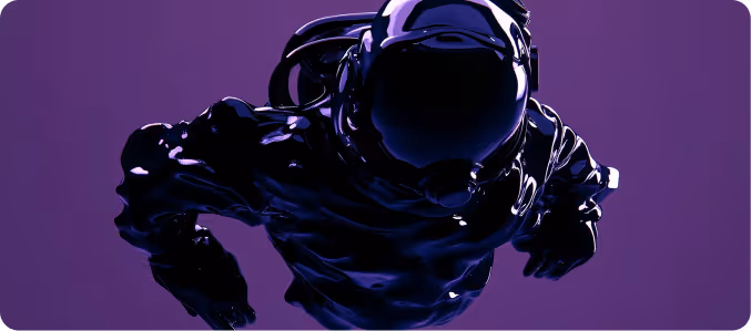 Glossy black astronaut figure on a purple background viewed from above.