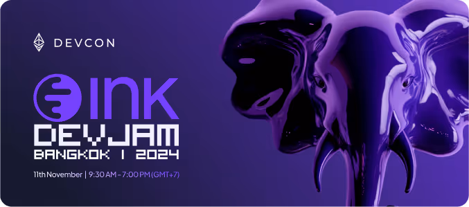 Devcon Ink DevJam Bangkok 2024 event banner with event date and time next to a purple stylized elephant head.