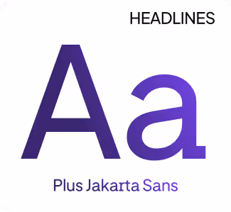 Typography sample showing uppercase and lowercase 'Aa' in Plus Jakarta Sans font under the label HEADLINES.