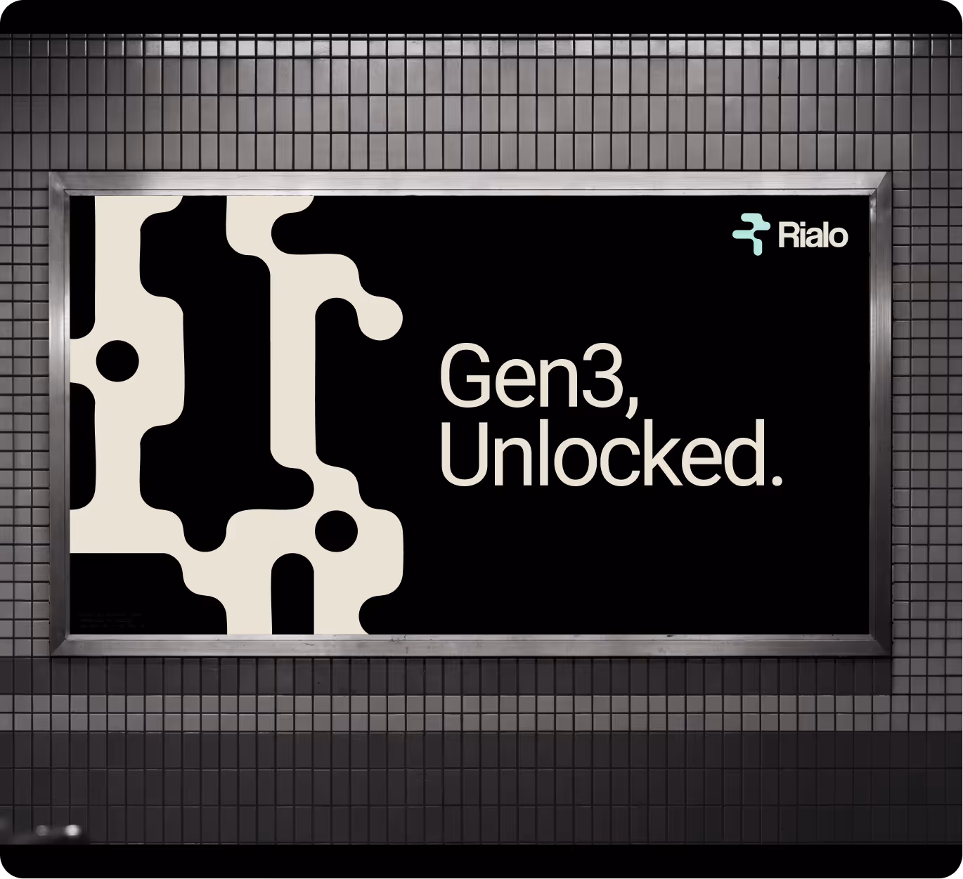Billboard with beige rialo shape on black background and text 'Gen3, Unlocked' alongside the Rialo logo.