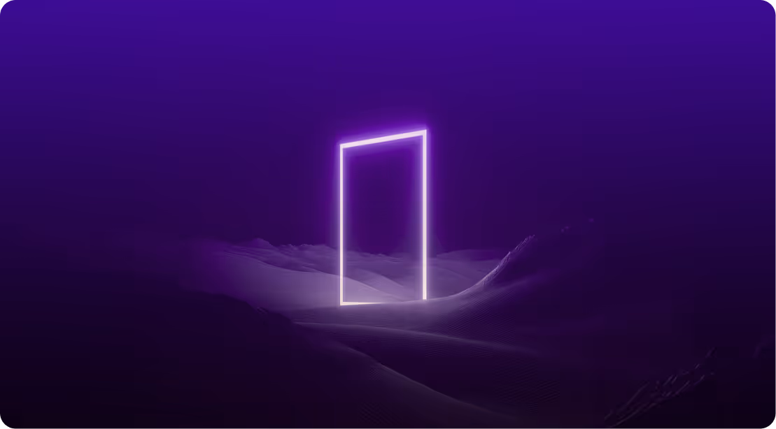 Glowing purple neon rectangular frame standing upright in a dark, misty landscape with rolling hills.