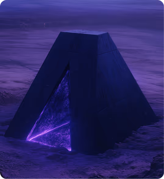 Dark pyramid-shaped structure with purple glowing interior partially buried in a purple-hued misty landscape.