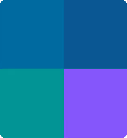 Square divided into four smaller squares with different colors: top left teal-blue, top right dark blue, bottom left teal green, and bottom right purple.