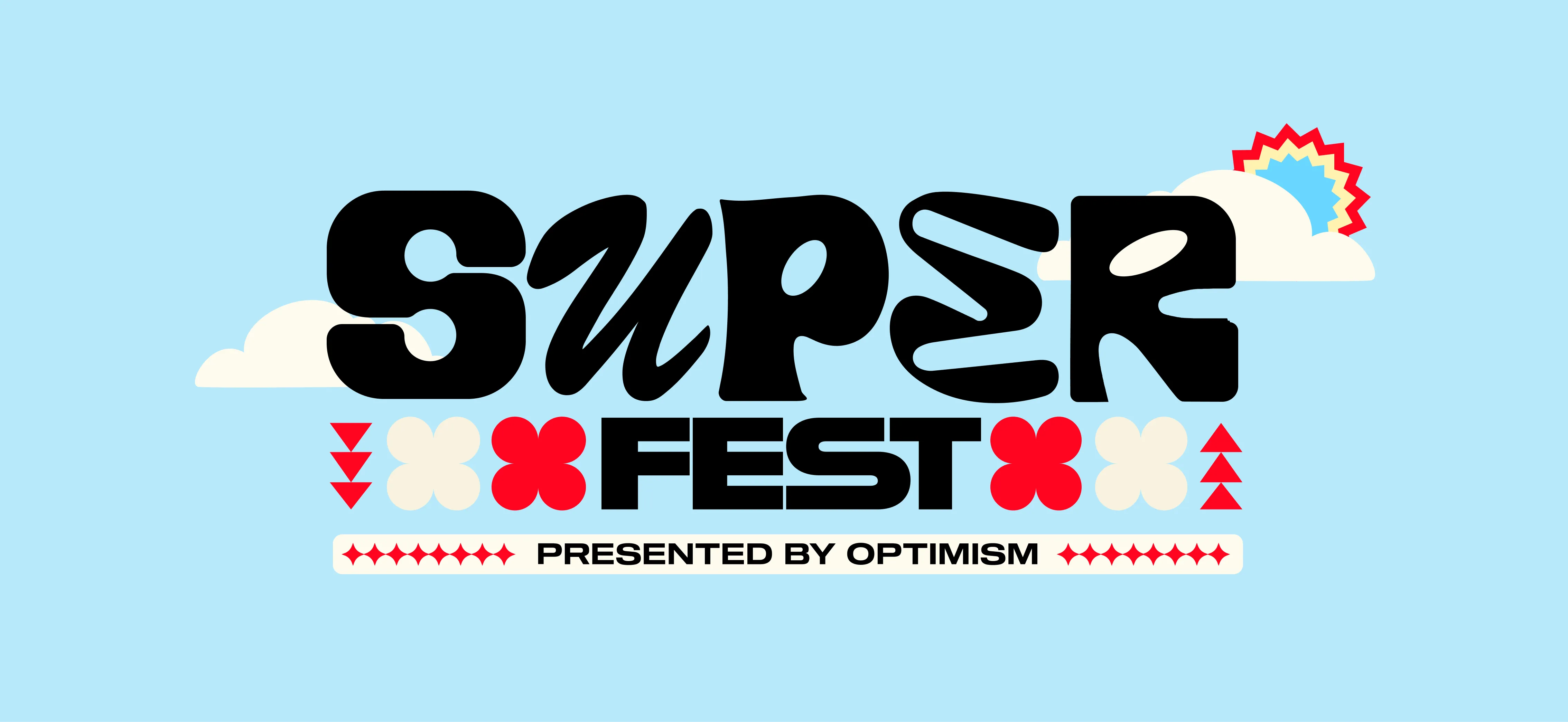 SuperFest logo with stylized black text on light blue background with clouds, flowers, and sun illustration, and text 'Presented by Optimism'.