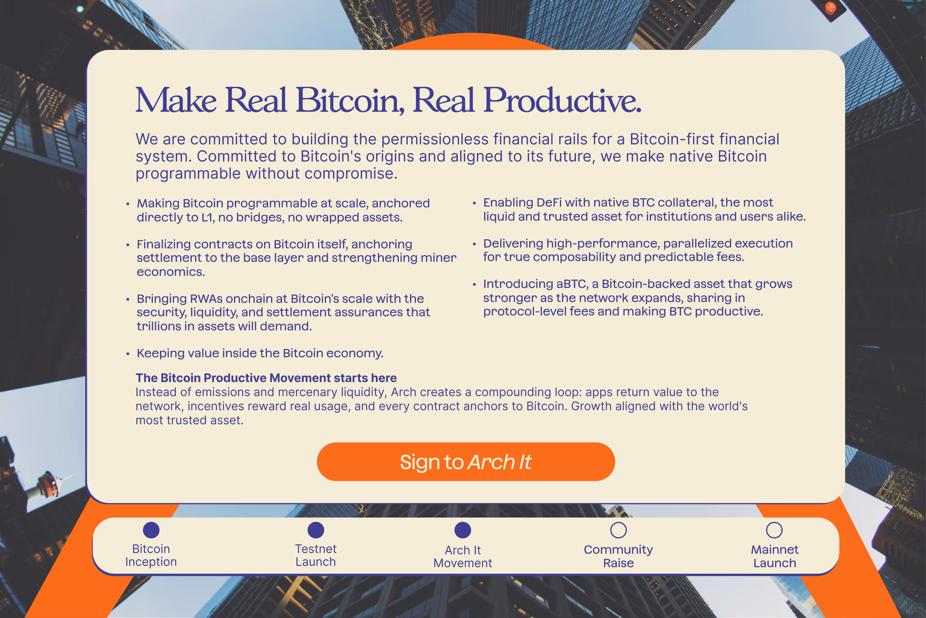 A manifesto titled 'Make Real Bitcoin, Real Productive' describing a commitment to building a permissionless Bitcoin-first financial system, highlighting programmable Bitcoin at scale, enabling DeFi with native BTC collateral, and introducing a Bitcoin-backed asset aBTC. It includes a call to sign up for Arch It and a timeline with phases: Bitcoin Inception, Testnet Launch, Arch It Movement, Community Raise, and Mainnet Launch.