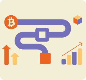 Bitcoin symbol connected by a winding path to a red square with upward arrows and a rising bar chart.