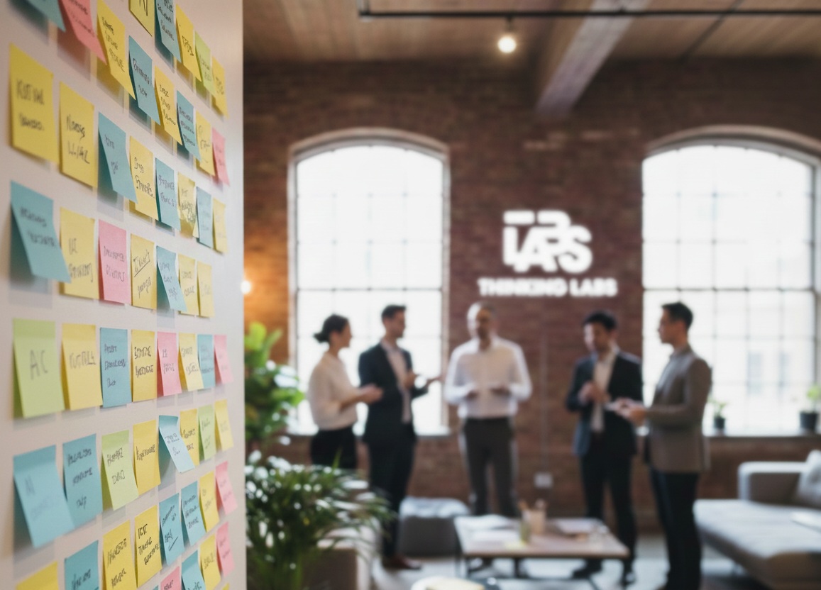 Auf diesem Bild ist eine Wand mit Post-its zu sehen. Dahinter stehen auf diesem von Google Gemini generierten Bild Mitarbeiterinnen und Mitarbeiter im Büro von THINKING LABS, um einen Visions-Workshop zu Künstlicher Intelligenz durchzuführen.