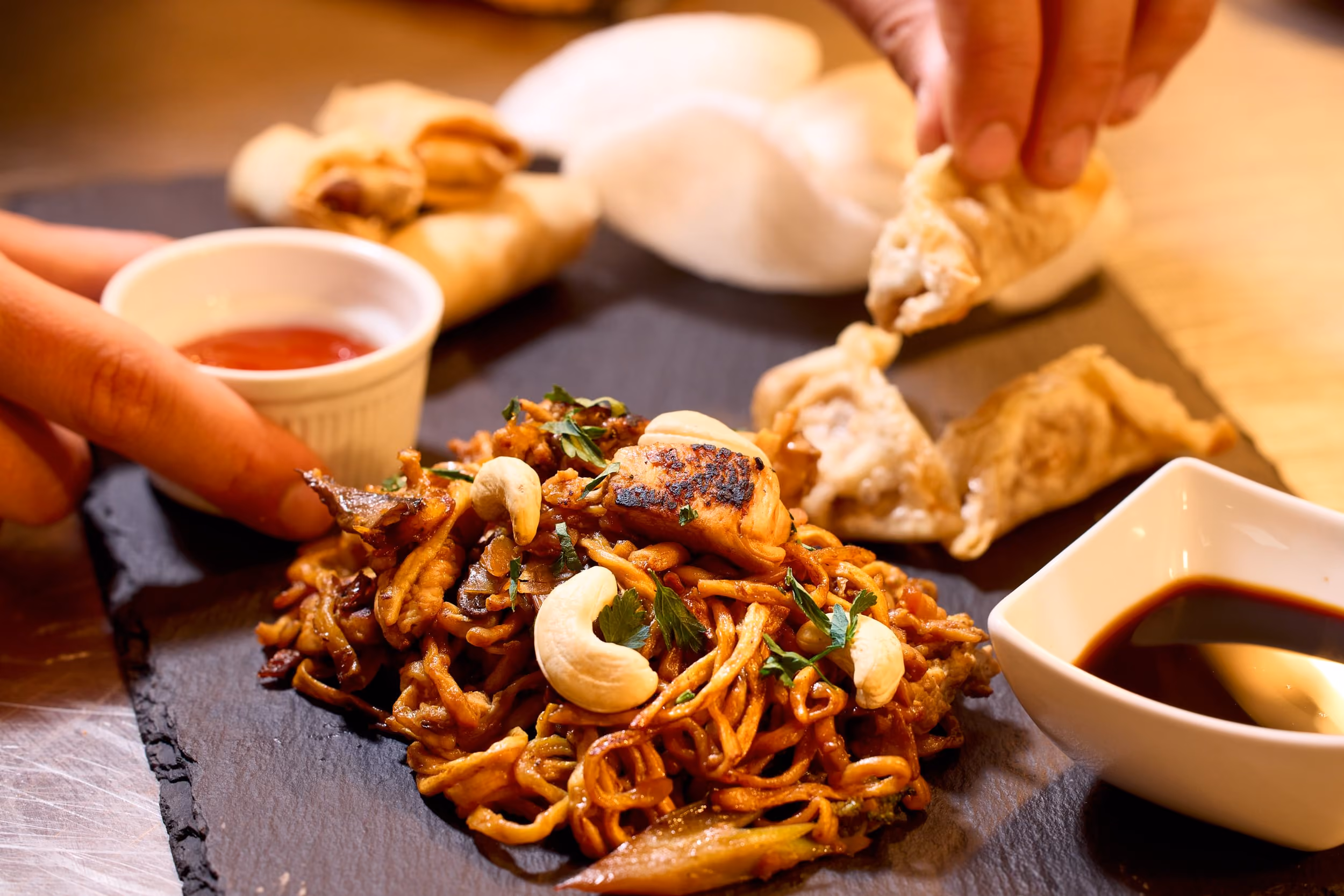 A noodle stirfry presented on a table
