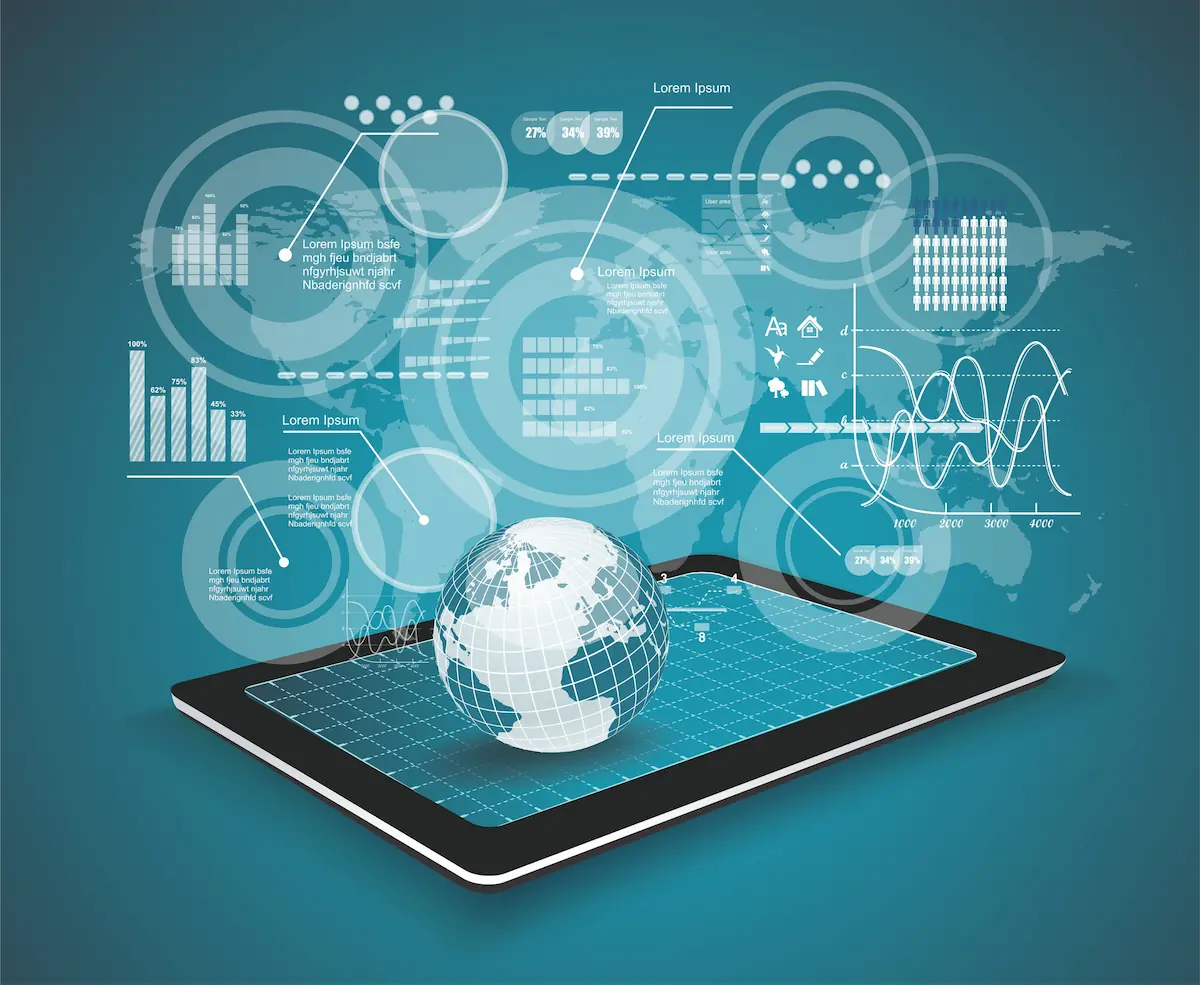 phone with drawings and icons of charts, the planet, and networks