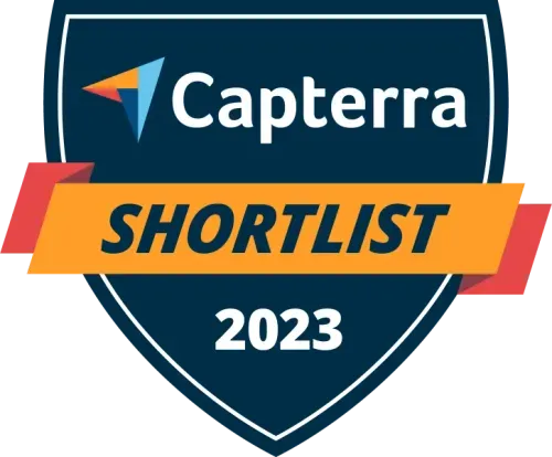 Capterra Shortlist 2023 badge with a dark blue shield and orange banner.