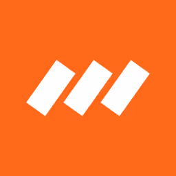 Three white parallelograms arranged diagonally on an orange background, forming a stylized letter M.