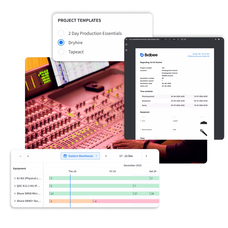 Audio mixing console with overlays of project template options, equipment rental calendar, and a detailed bid quote.