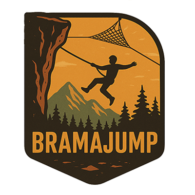 Logo with a person jumping off a cliff using a rope and safety net, with mountains and trees background.