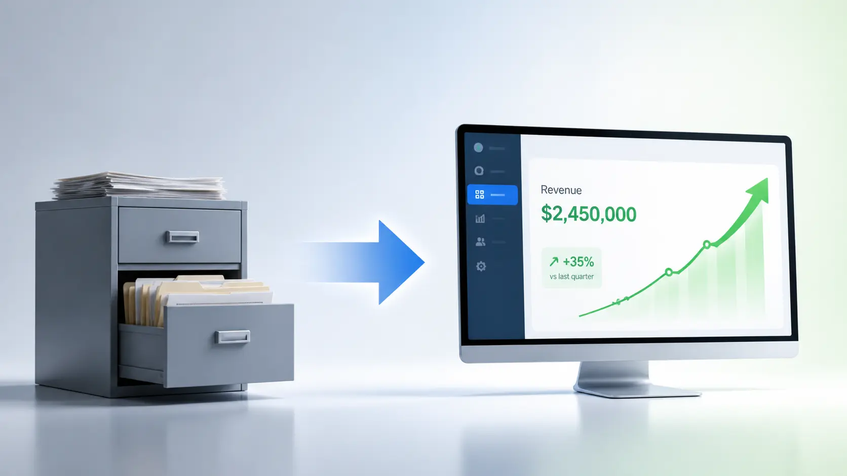 Alt text: **Legacy filing cabinet turning into a digital revenue dashboard, showing how Detelio helps replace manual processes with faster workflows that drive growth.**