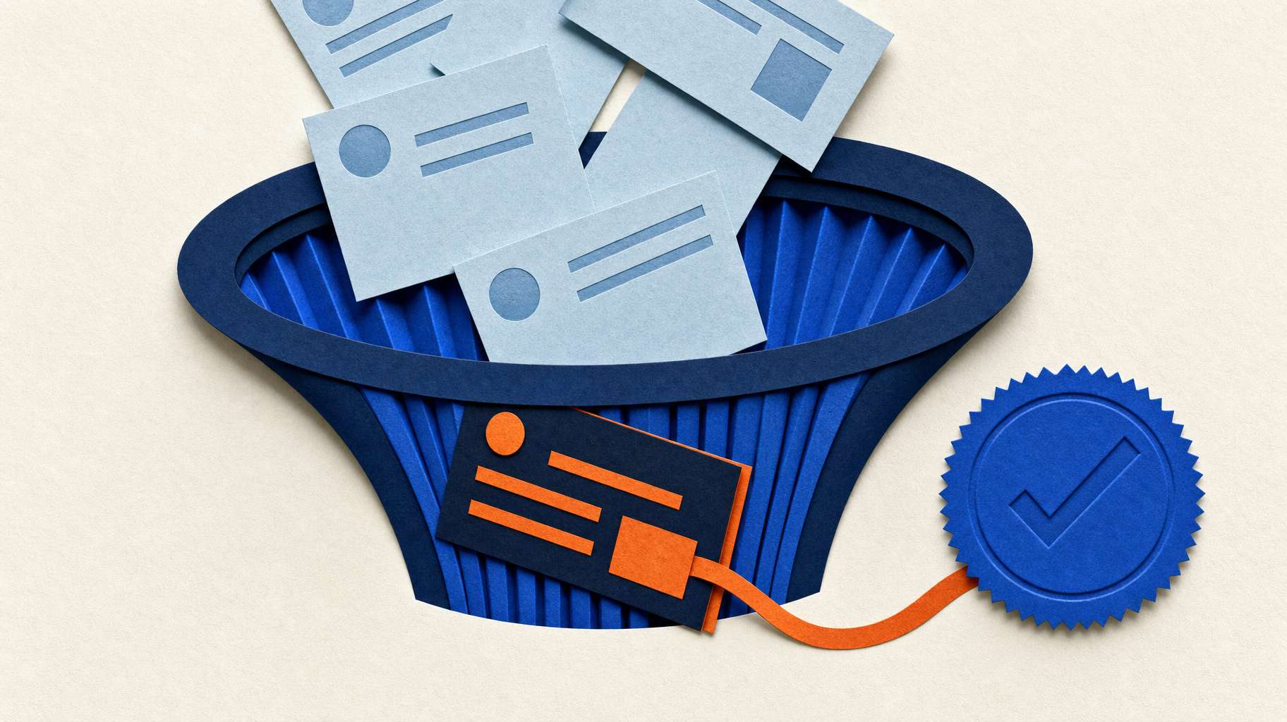 Editorial illustration of an AML filter stopping a high-risk business card and preserving a visible evidence trail of the outcome.