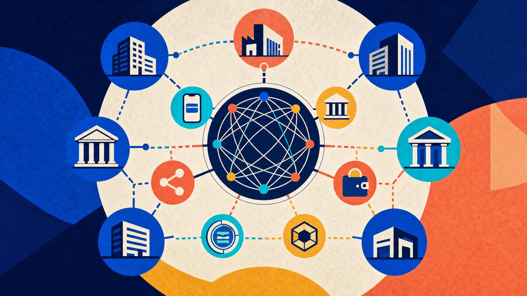Editorial illustration of formal payment, fintech and crypto rails converging into a concealed cross-border value-transfer network.