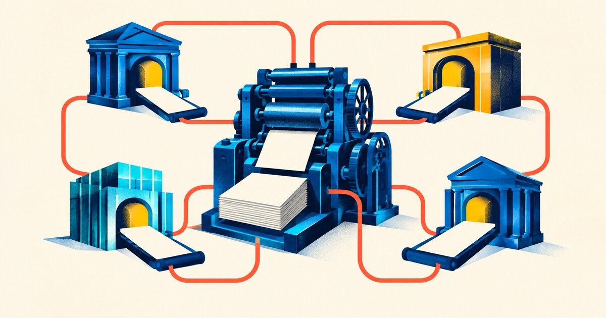 A central press producing blank documents linked to separate banking gateways by one network line.