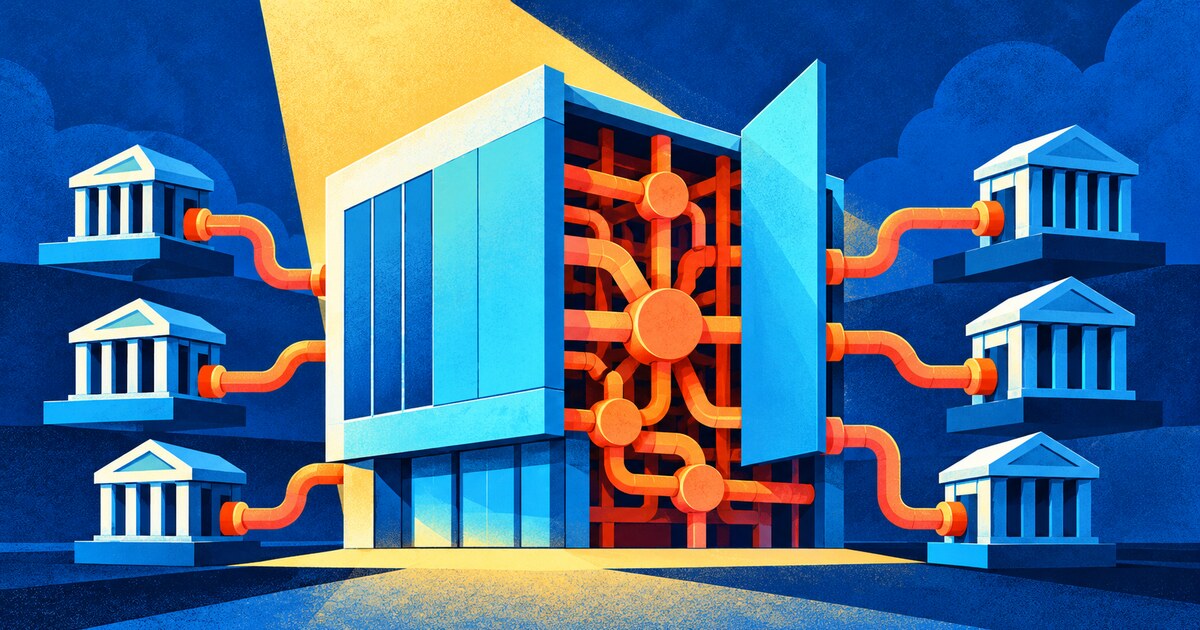 A technology-company facade opening to reveal a hidden payment-routing network.